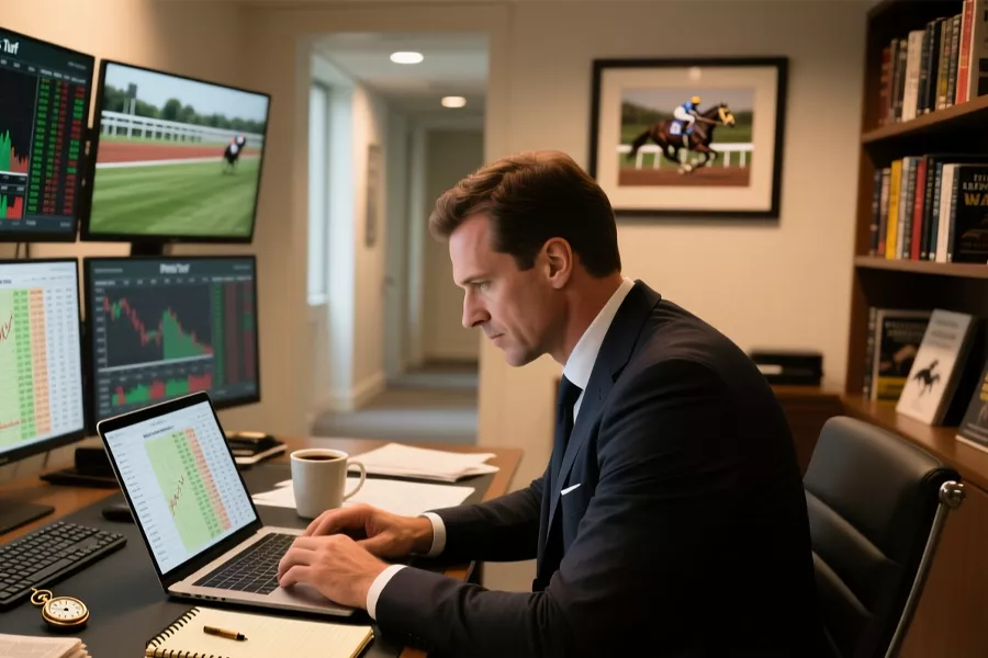 Expert turfiste analysant les pronostics Quinté+ avec ordinateur, statistiques et journaux hippiques