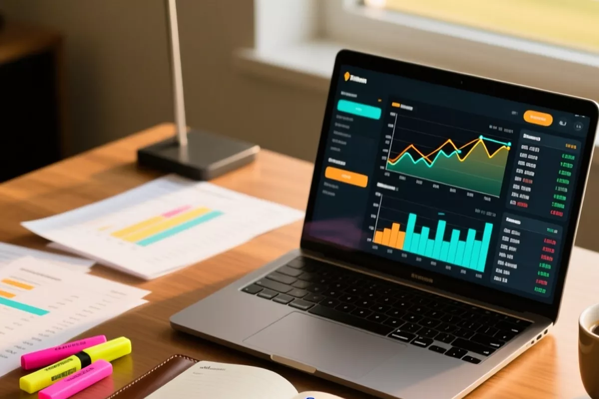 Bureau de travail avec ordinateur, statistiques hippiques, formulaires de courses et outils d'analyse