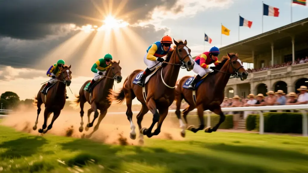 Course de chevaux hippiques au galop avec jockeys en pleine compétition sur hippodrome français