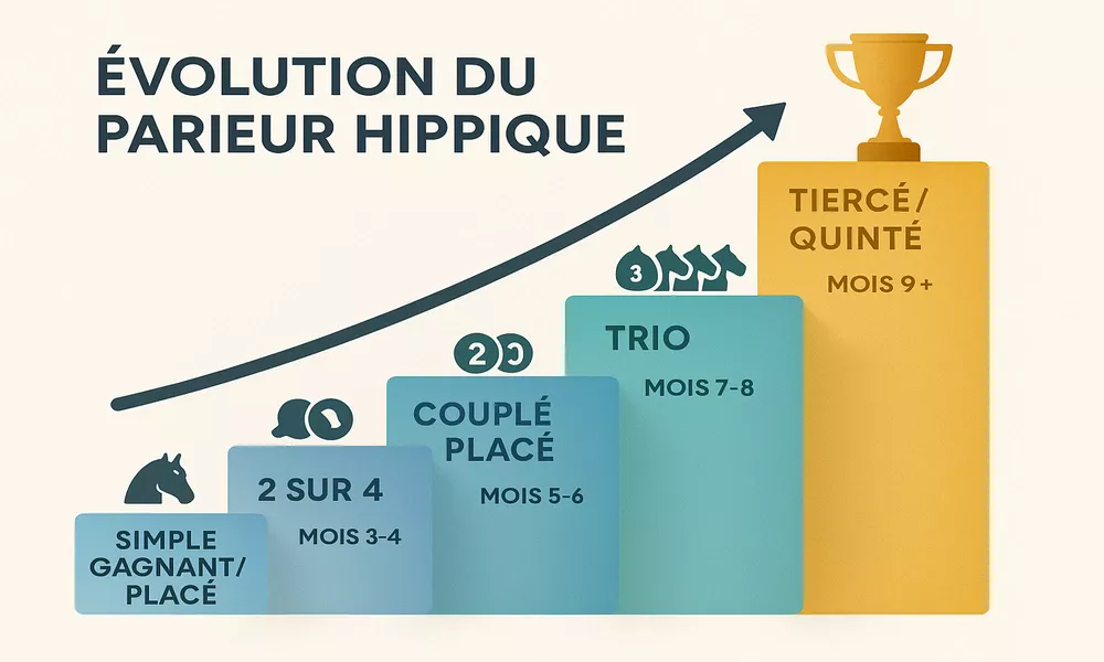 Graphique de progression et évolution du parieur débutant du Simple Gagnant au Trio puis Quinté