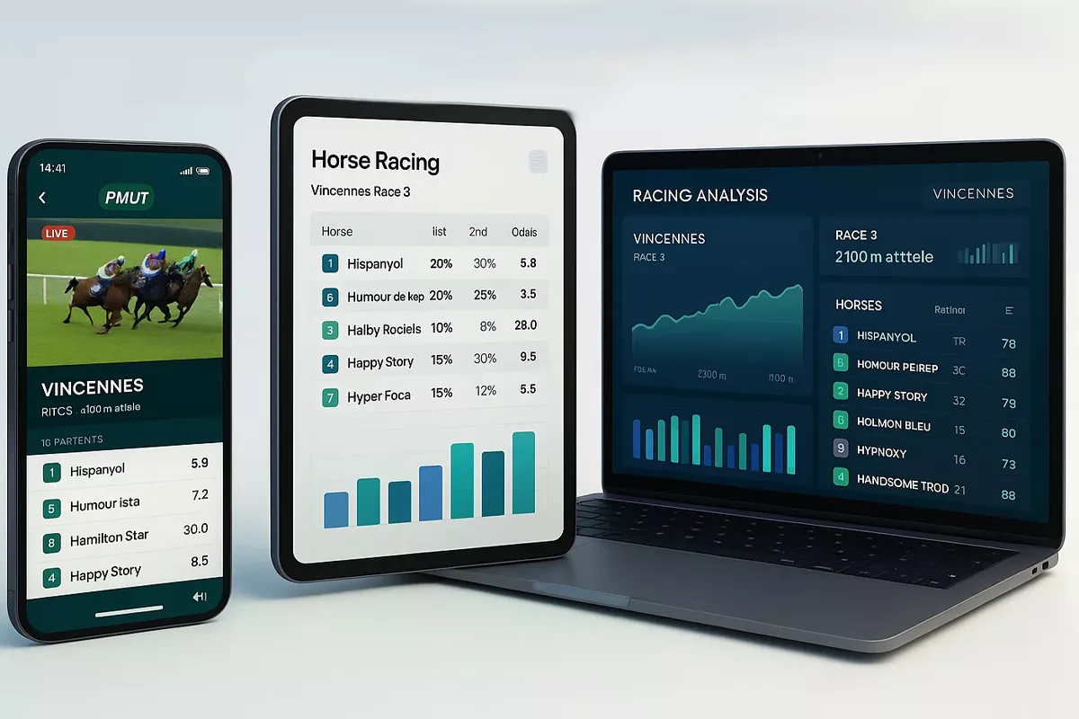 Mockup d'outils numériques de paris hippiques sur smartphone, tablette et ordinateur avec applications PMU