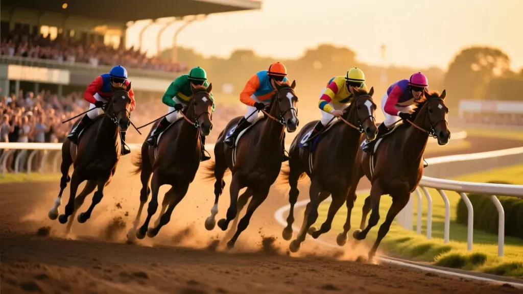 Course de chevaux Quinté+ à l'hippodrome français - cinq chevaux en compétition lors du sprint final
