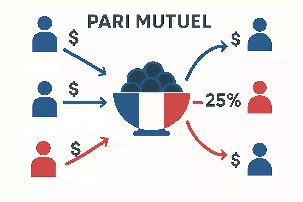 Schéma explicatif du système de pari mutuel français avec pool de mises et redistribution