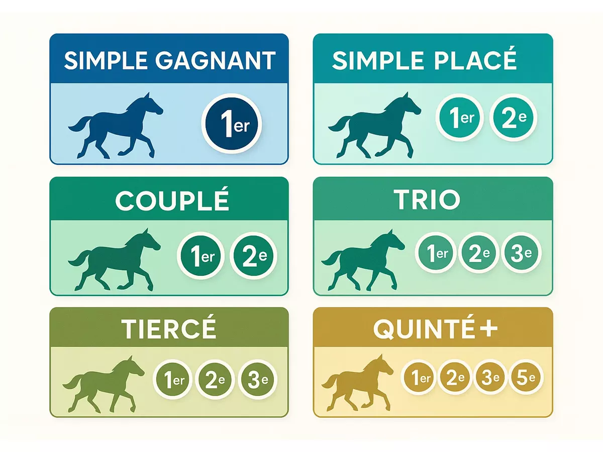Infographie complète des types de paris hippiques : Simple, Couplé, Trio, Tiercé, Quarté, Quinté